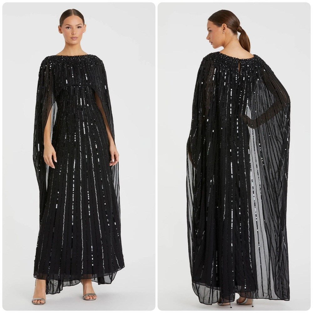 MacDuggal Black Embellished Beaded Column Cape Gown size 18 - Picture 1 of 15